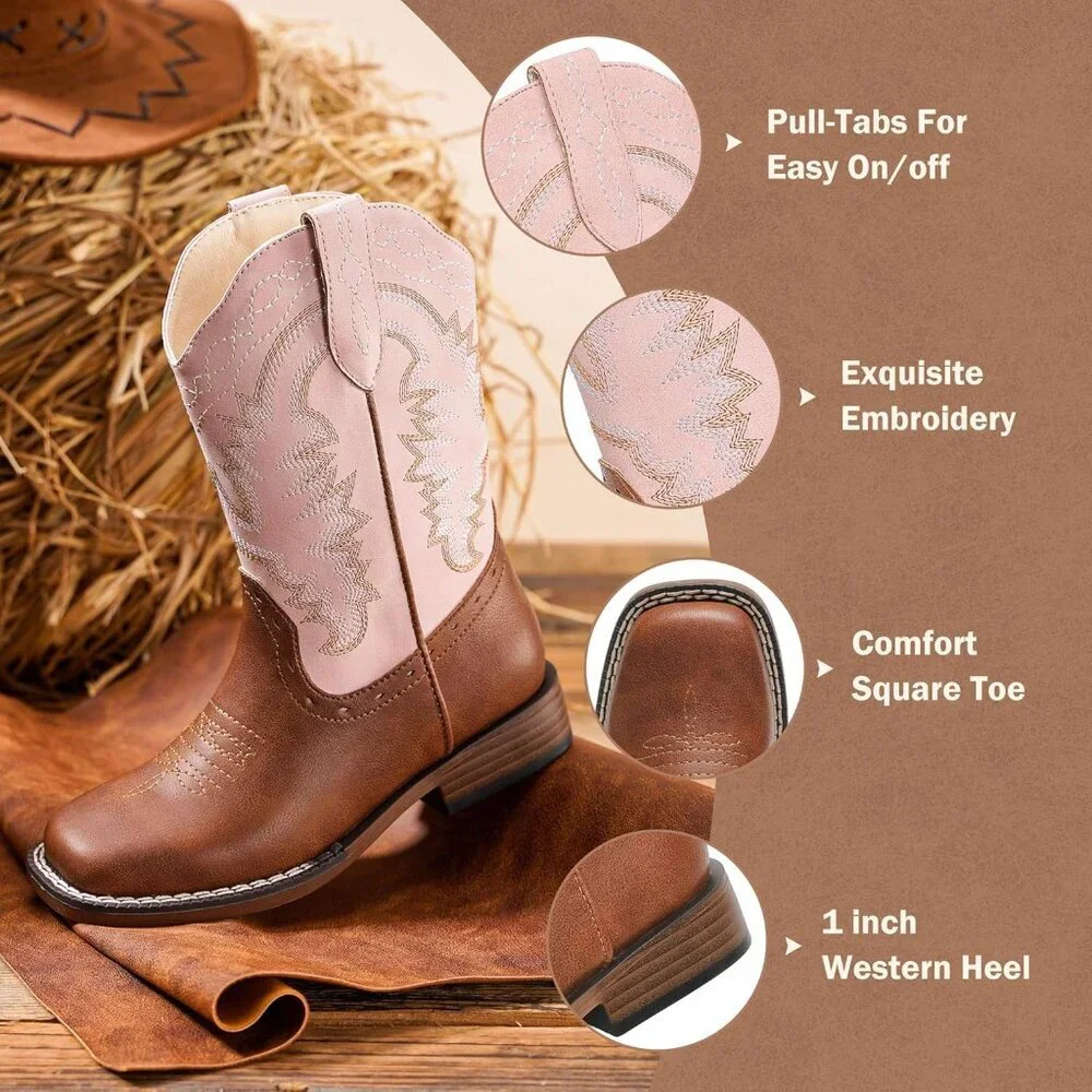 ⚡Kid Pink/Brown Synthetic Cowboy Western Riding Shoes Square Toe Wide Calf Boot